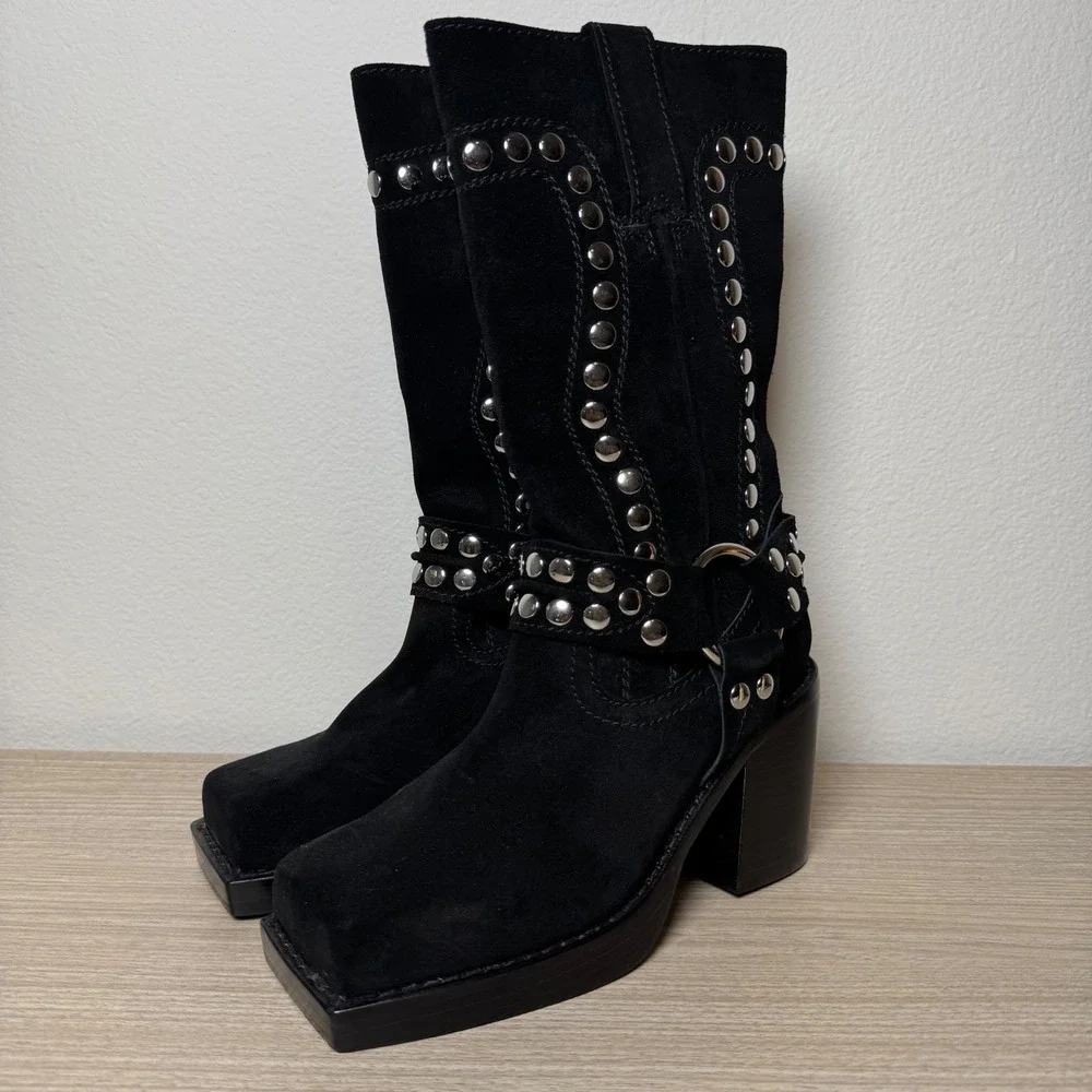 Jeffrey Campbell Gretchen Studded Square Toe Boots Black 6 - Picture 3 of 5